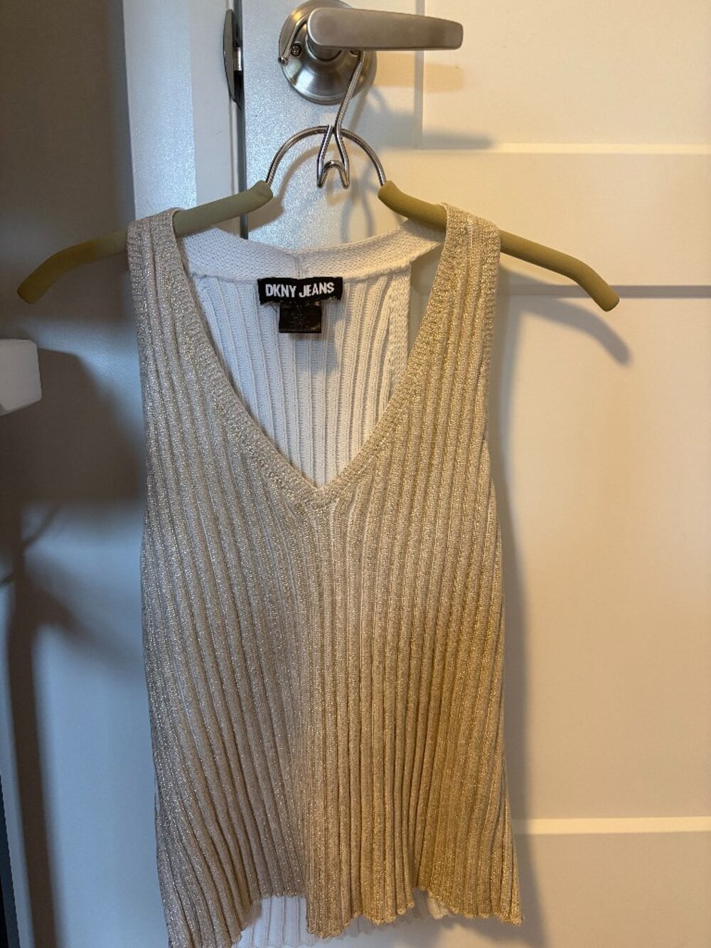 DKNY Jeans Gold Metallic Ribbed Knit Halter Tank Top, Size XL